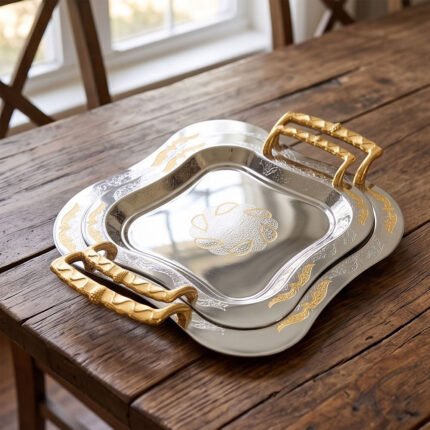 2 Piece Stainless Steel Serving Tray Set S Shape Design with Gold Handles & Trim