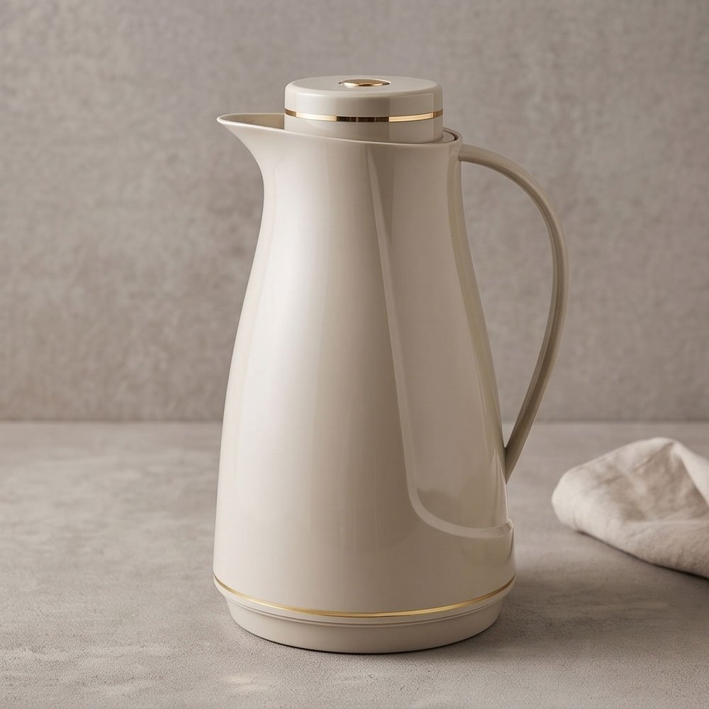 Modern Insulated Thermal Flask - 1 Liter Beige with Elegant Gold Trim for Hot and Cold Drinks