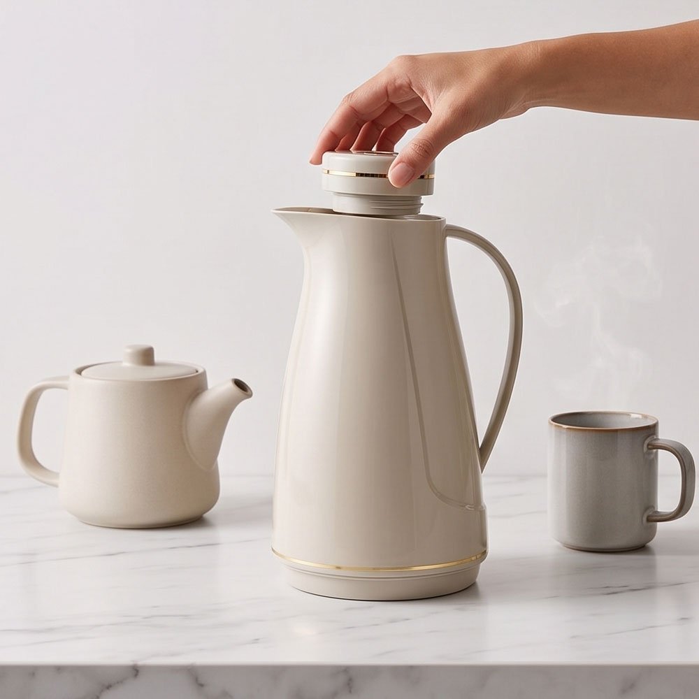 Modern Insulated Thermal Flask - 1 Liter Beige with Elegant Gold Trim for Hot and Cold Drinks - Image 2