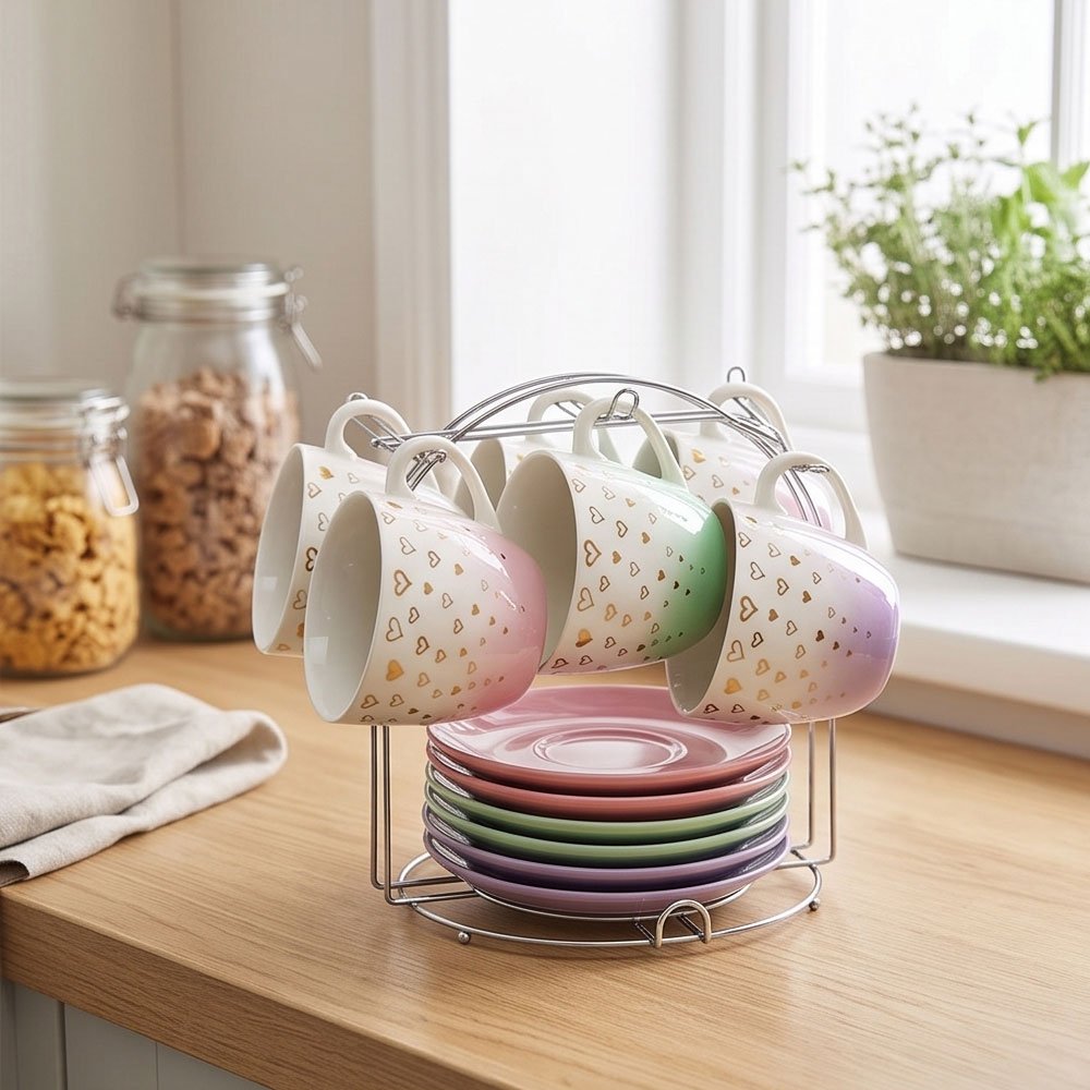 6-Piece Tea Cup and Saucer Set with Metal Stand Featuring Colorful Gradient Hearts Design - Image 2