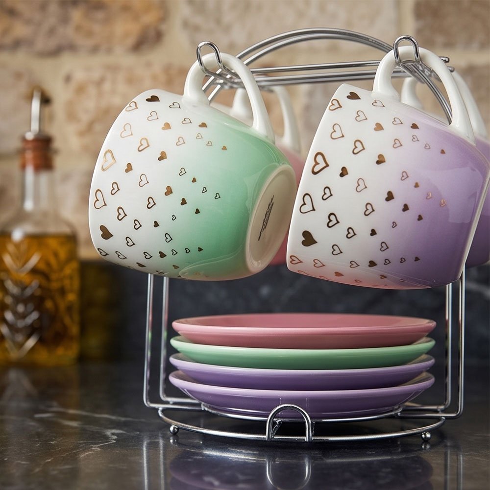 6-Piece Tea Cup and Saucer Set with Metal Stand Featuring Colorful Gradient Hearts Design - Image 3