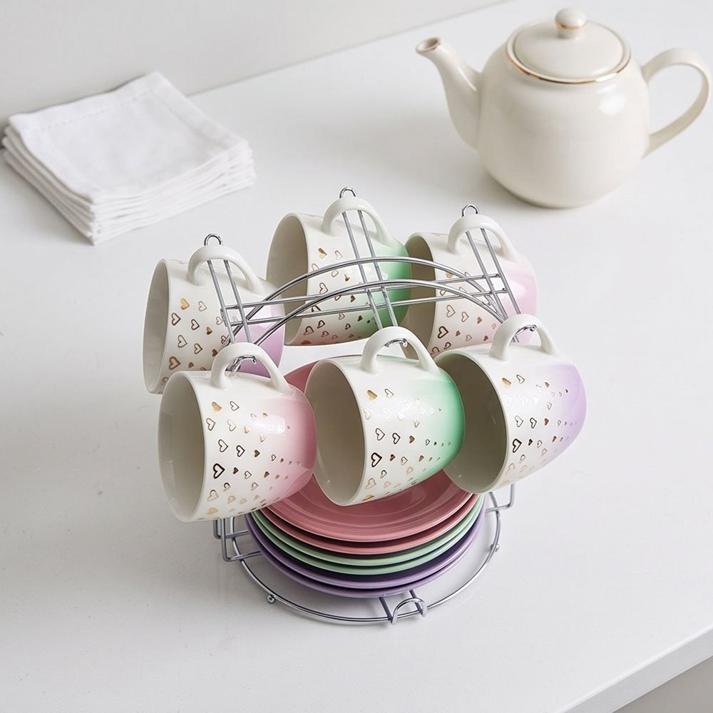 6-Piece Tea Cup and Saucer Set with Metal Stand Featuring Colorful Gradient Hearts Design - Image 4