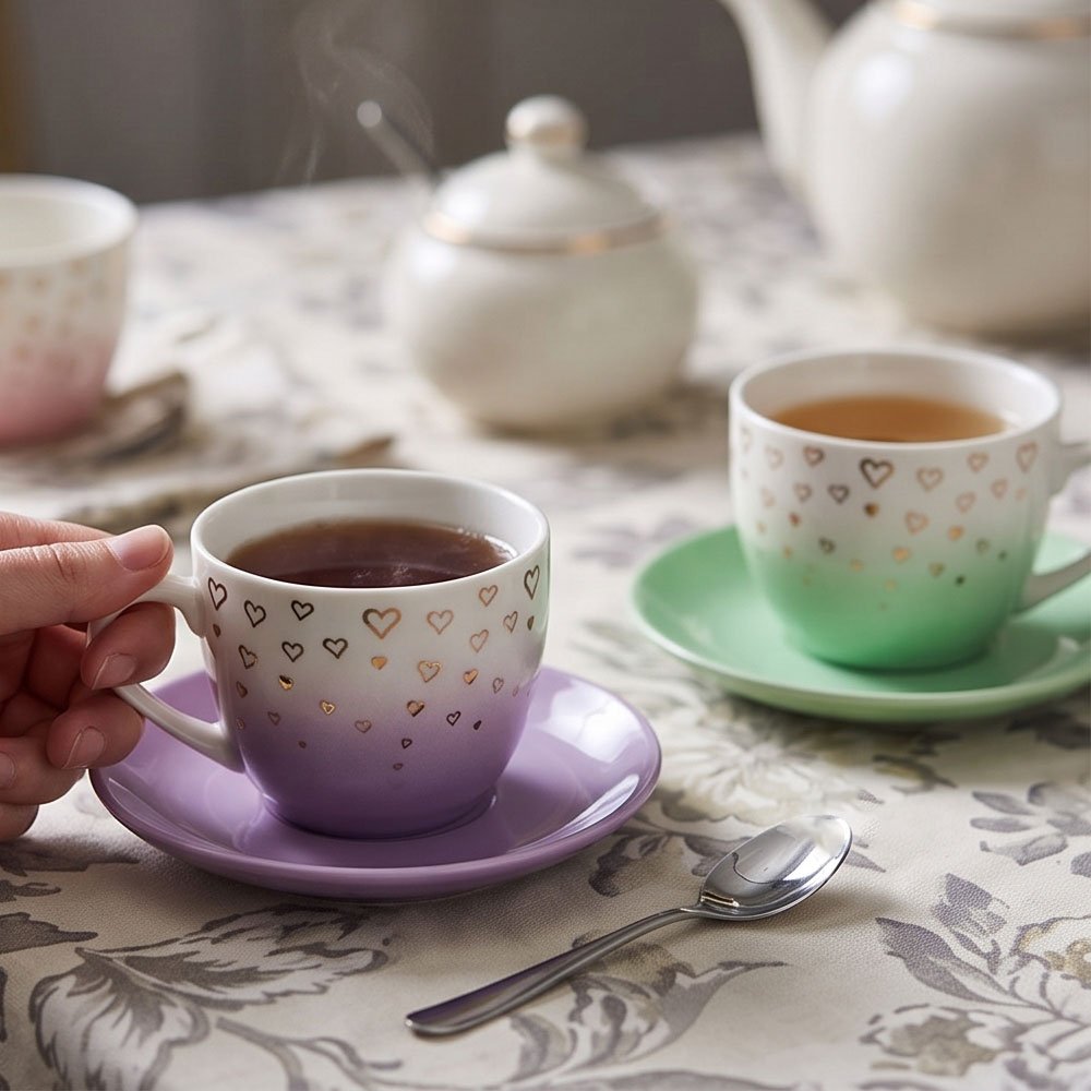 6-Piece Tea Cup and Saucer Set with Metal Stand Featuring Colorful Gradient Hearts Design - Image 5