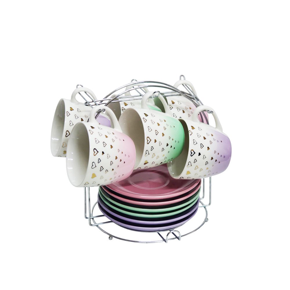 6-Piece Tea Cup and Saucer Set with Metal Stand Featuring Colorful Gradient Hearts Design