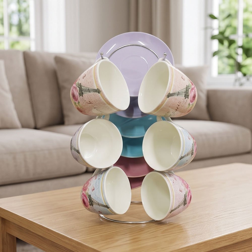 6-Piece Tea Cup and Saucer Set with Metal Stand Featuring Eiffel Tower and Romantic Roses Design - Image 4