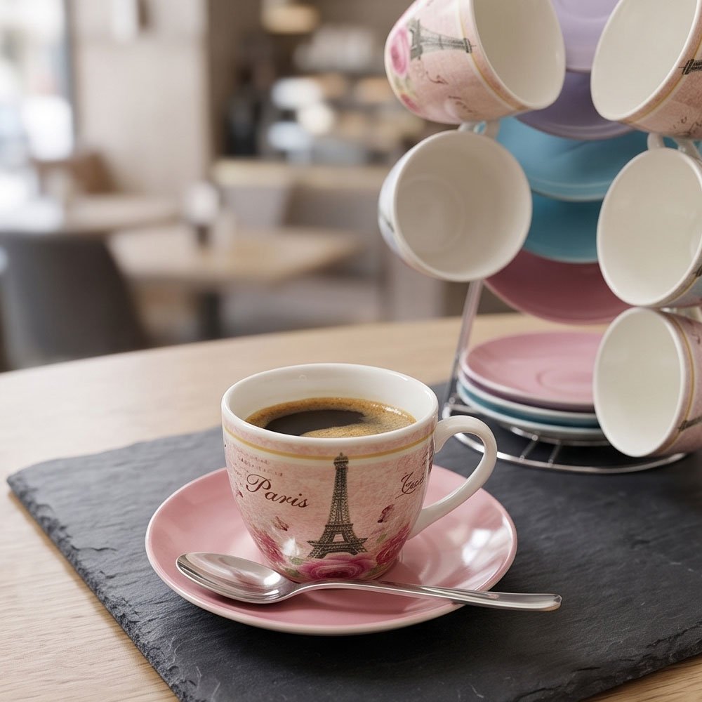 6-Piece Tea Cup and Saucer Set with Metal Stand Featuring Eiffel Tower and Romantic Roses Design - Image 3