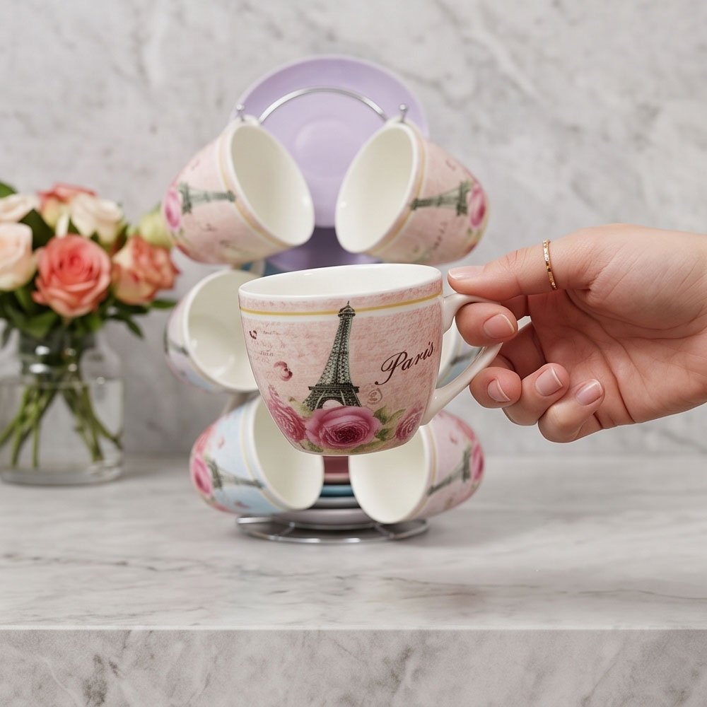6-Piece Tea Cup and Saucer Set with Metal Stand Featuring Eiffel Tower and Romantic Roses Design - Image 2