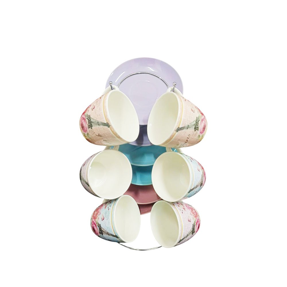 6-Piece Tea Cup and Saucer Set with Metal Stand Featuring Eiffel Tower and Romantic Roses Design - Image 5