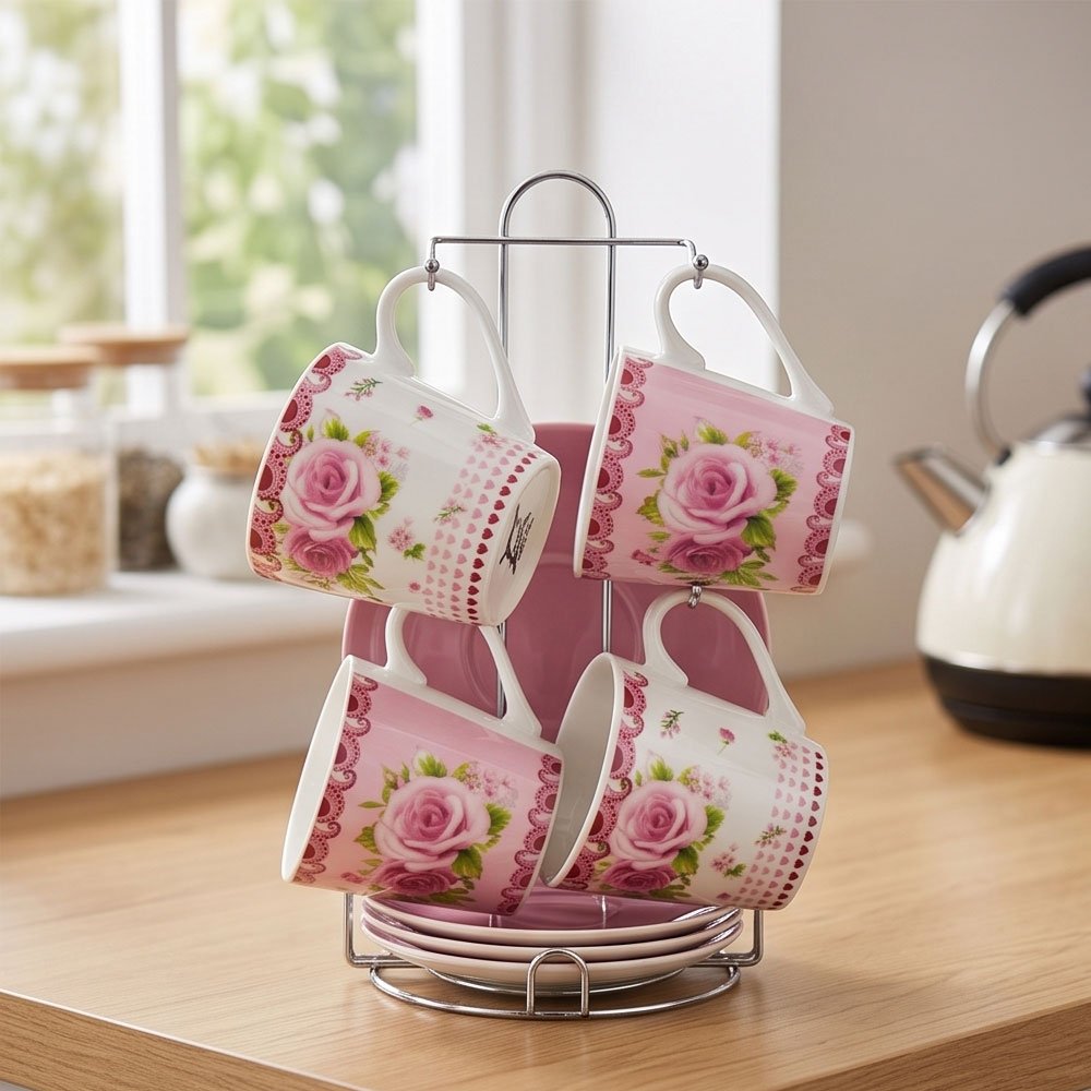 4-Piece Ceramic Tea Cup and Saucer Set with Metal Stand Featuring Classic Pink Roses Design - Image 2