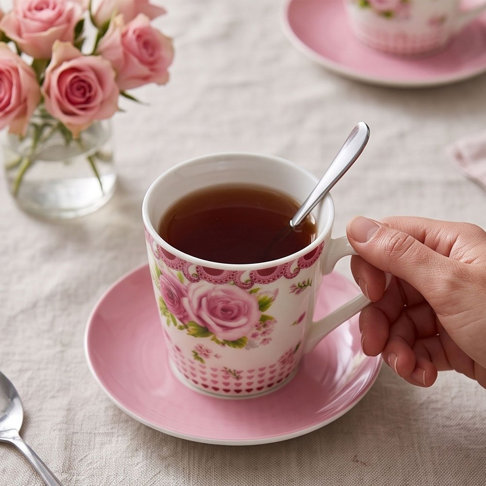 4-Piece Ceramic Tea Cup and Saucer Set with Metal Stand Featuring Classic Pink Roses Design - Image 3
