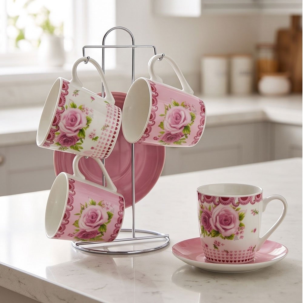 4-Piece Ceramic Tea Cup and Saucer Set with Metal Stand Featuring Classic Pink Roses Design