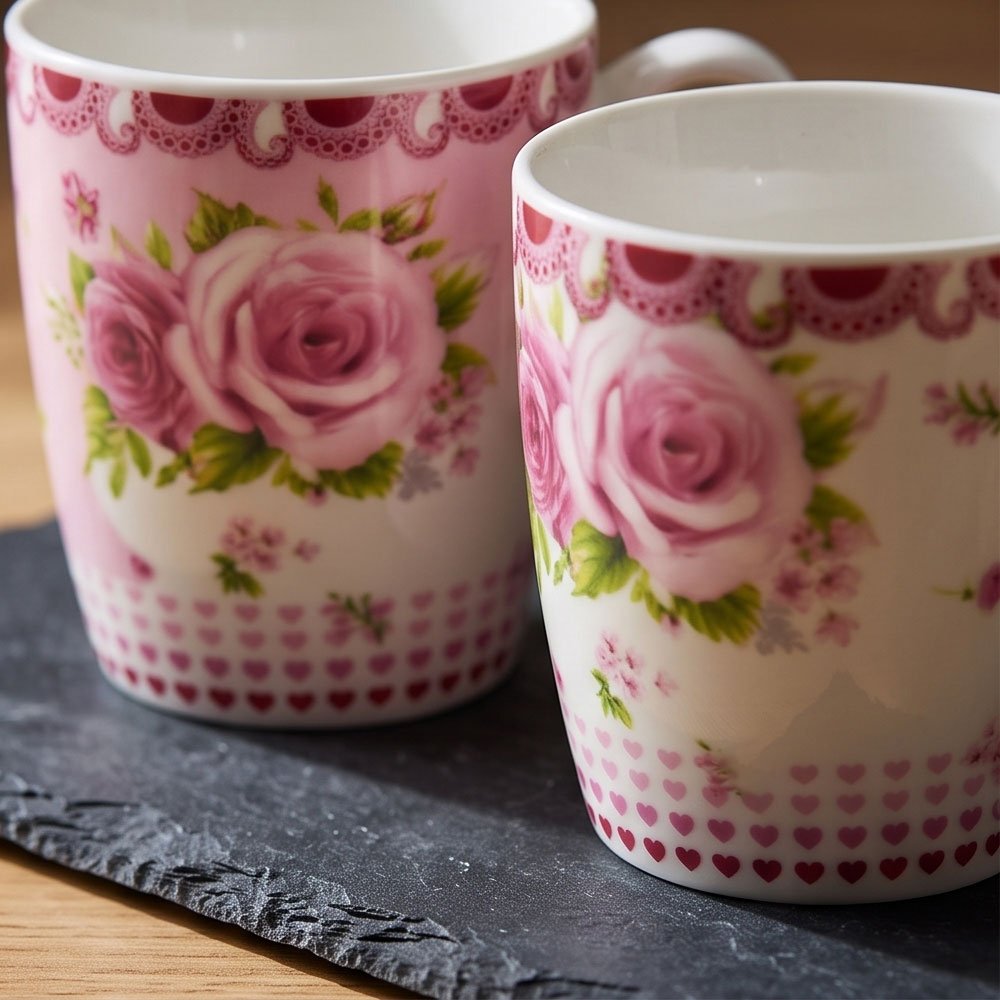 4-Piece Ceramic Tea Cup and Saucer Set with Metal Stand Featuring Classic Pink Roses Design - Image 4