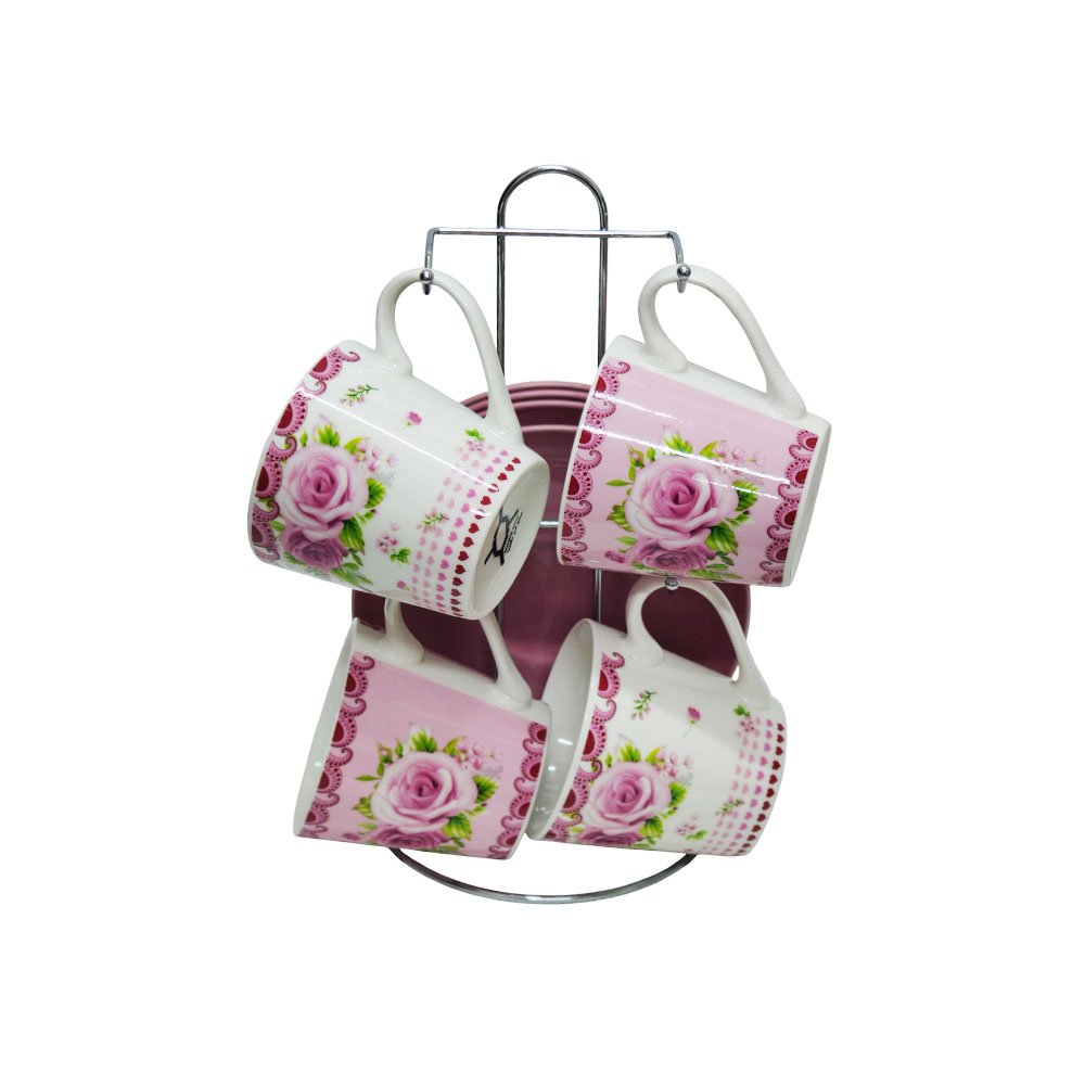 4-Piece Ceramic Tea Cup and Saucer Set with Metal Stand Featuring Classic Pink Roses Design - Image 5
