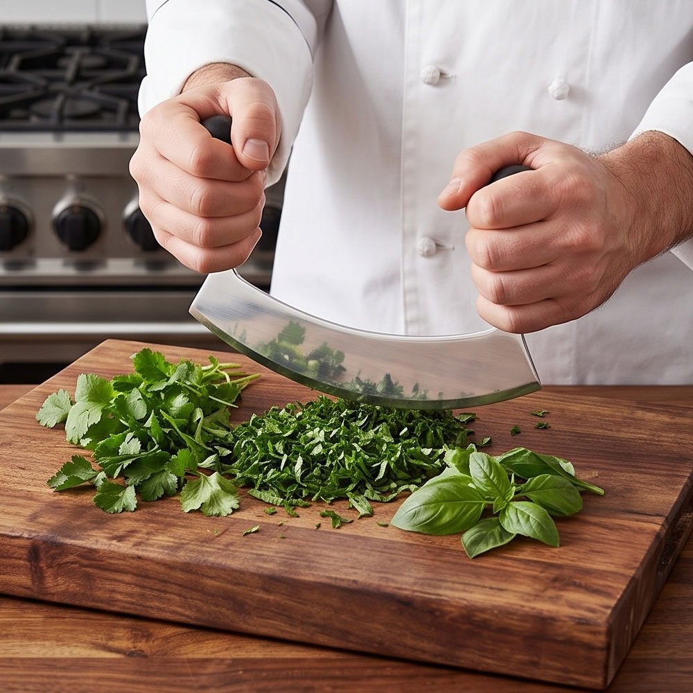 Stainless Steel Mezzaluna Chopper Double Ergonomic Black Handle Herb Cutter - Image 5