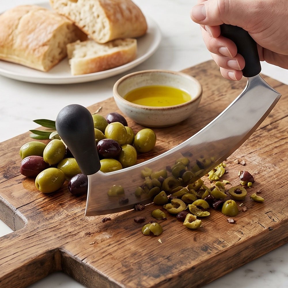 Stainless Steel Mezzaluna Chopper Double Ergonomic Black Handle Herb Cutter - Image 4