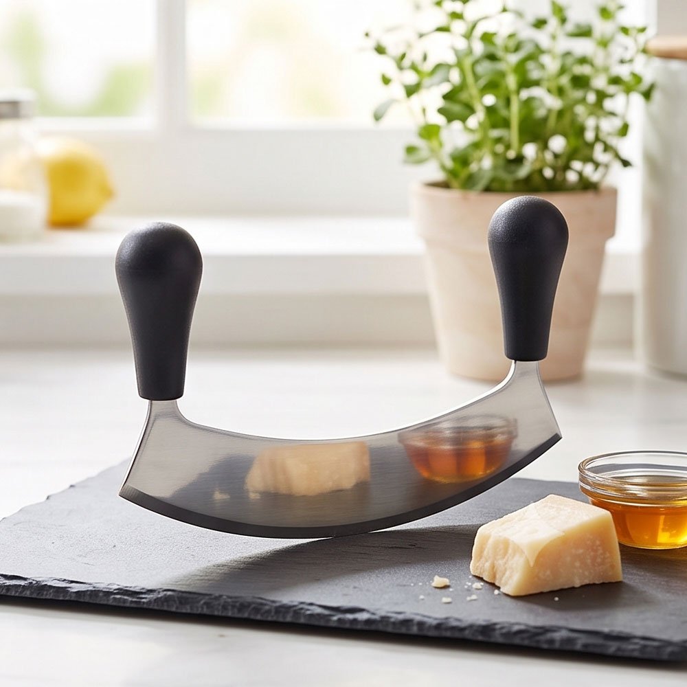 Stainless Steel Mezzaluna Chopper Double Ergonomic Black Handle Herb Cutter - Image 3