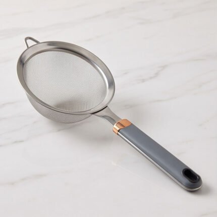 Stainless Steel Fine Mesh Strainer Sifter with Grey Handle and Rose Gold Collar