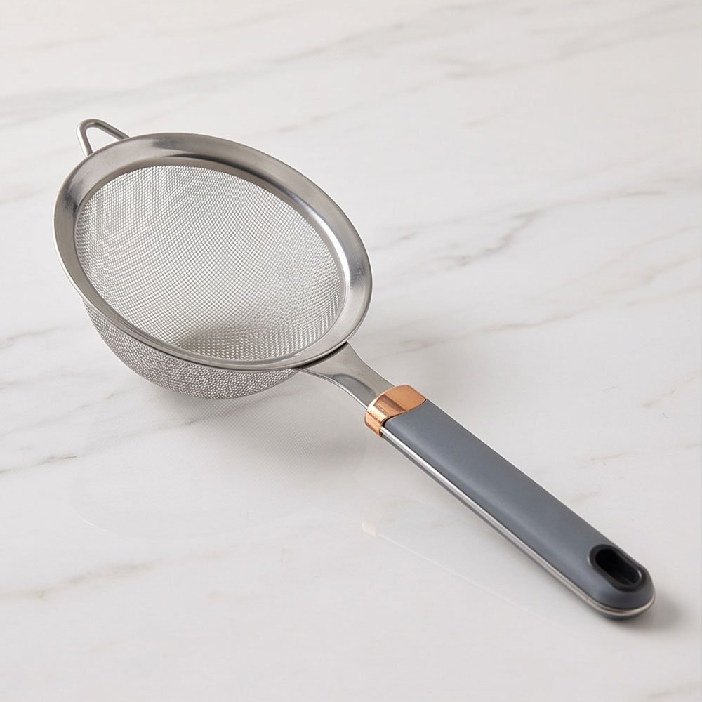 Stainless Steel Fine Mesh Strainer Sifter with Grey Handle and Rose Gold Collar