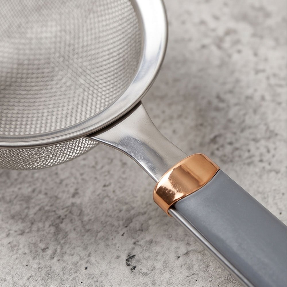 Stainless Steel Fine Mesh Strainer Sifter with Grey Handle and Rose Gold Collar - Image 4