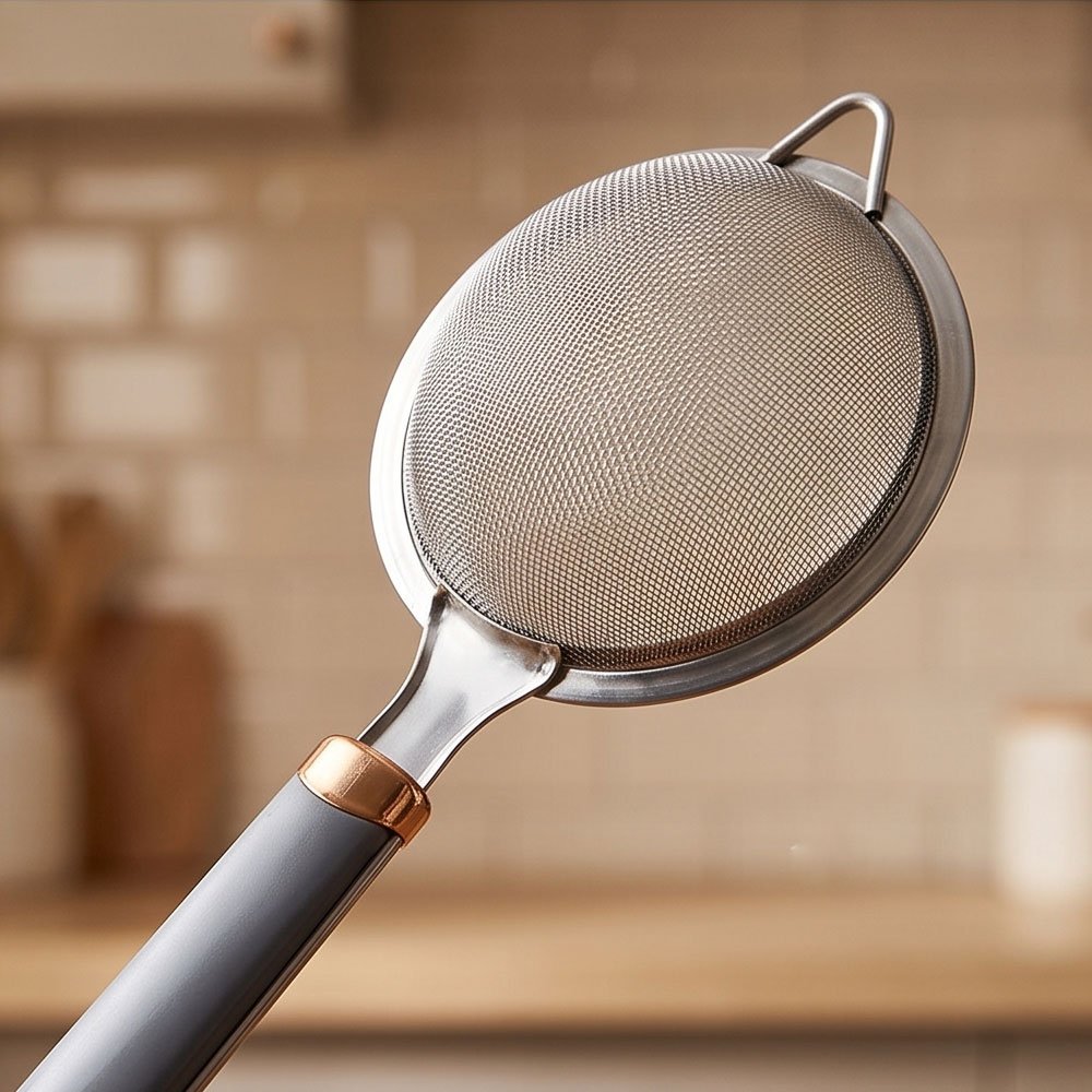 Stainless Steel Fine Mesh Strainer Sifter with Grey Handle and Rose Gold Collar - Image 3