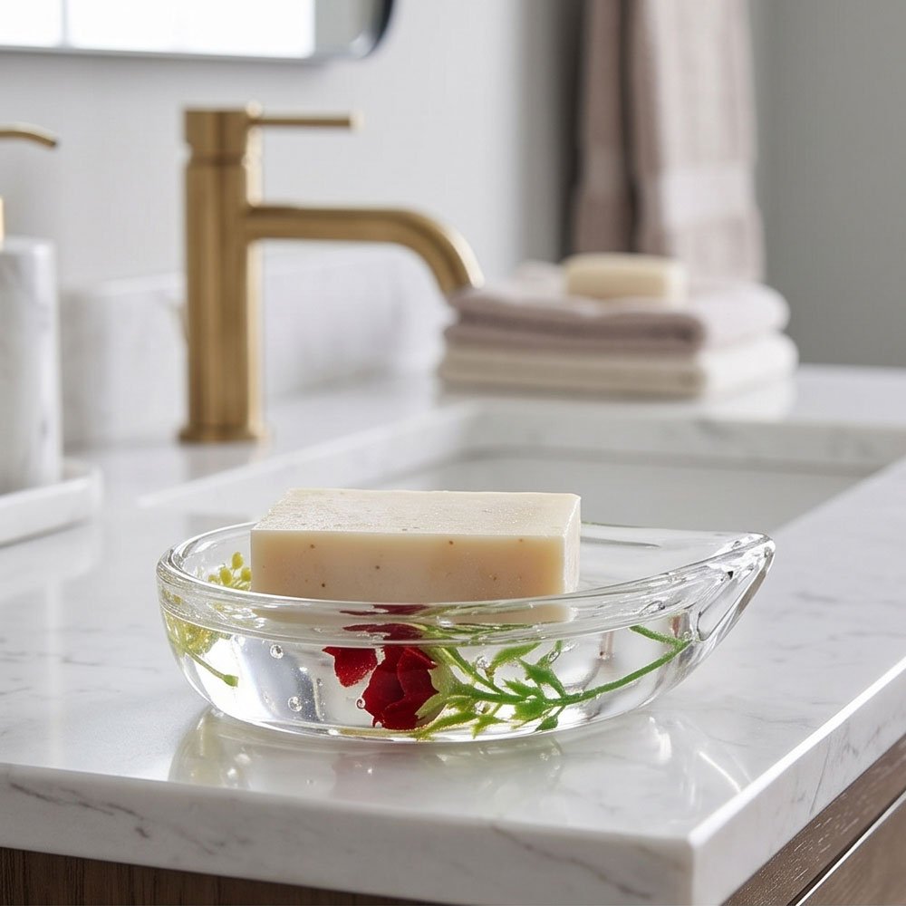 Transparent Waterdrop Shaped Soap Dish Holder with Encapsulated Dried Flowers - Image 5