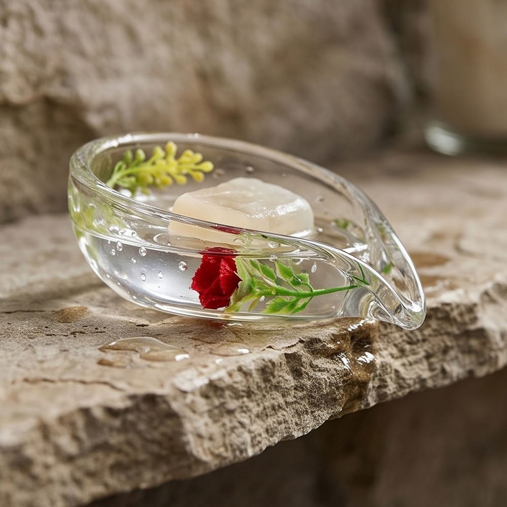 Transparent Waterdrop Shaped Soap Dish Holder with Encapsulated Dried Flowers - Image 3
