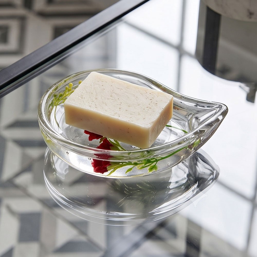 Transparent Waterdrop Shaped Soap Dish Holder with Encapsulated Dried Flowers