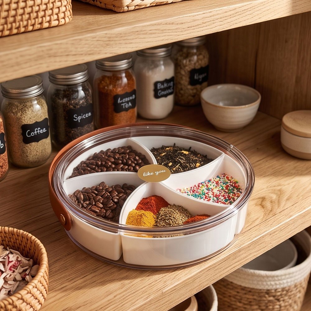 Divided Acrylic Serving Tray with Lid and Leather Handle for Snacks and Nuts - Image 4