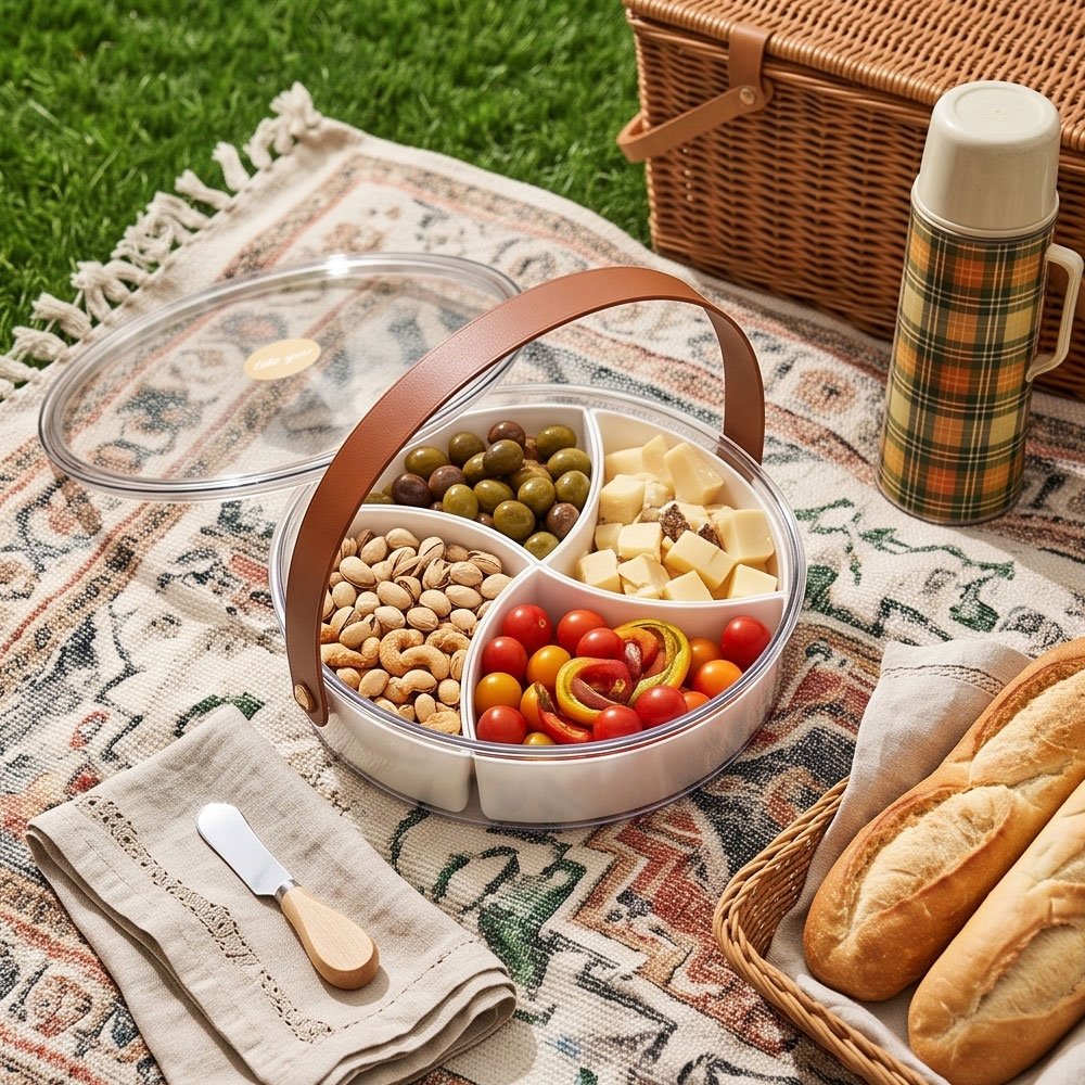 Divided Acrylic Serving Tray with Lid and Leather Handle for Snacks and Nuts - Image 5