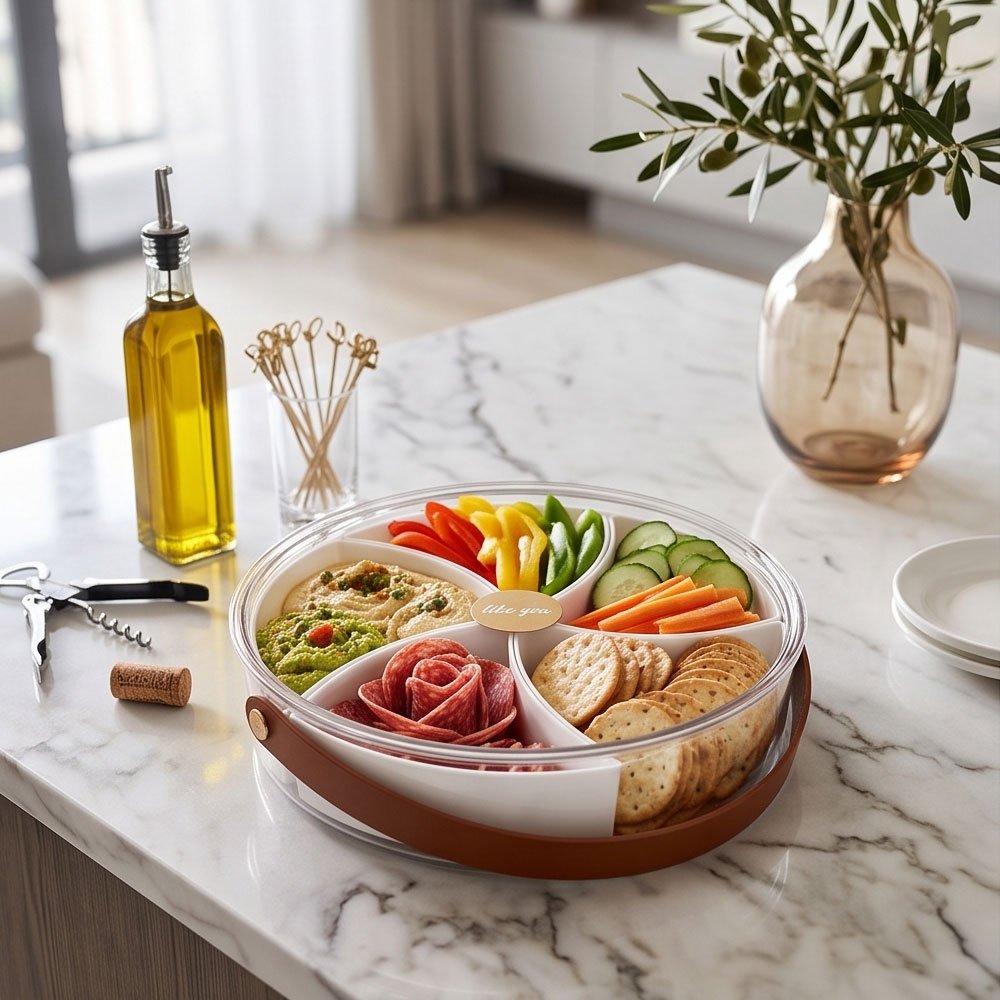 Divided Acrylic Serving Tray with Lid and Leather Handle for Snacks and Nuts