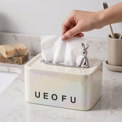 Modern Pearlized Ceramic Tissue Box Cover with Silver Rabbit Figurine Accent