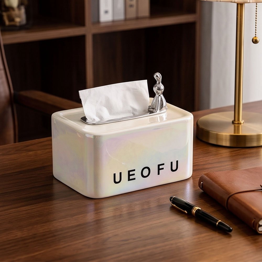 Modern Pearlized Ceramic Tissue Box Cover with Silver Rabbit Figurine Accent - Image 2