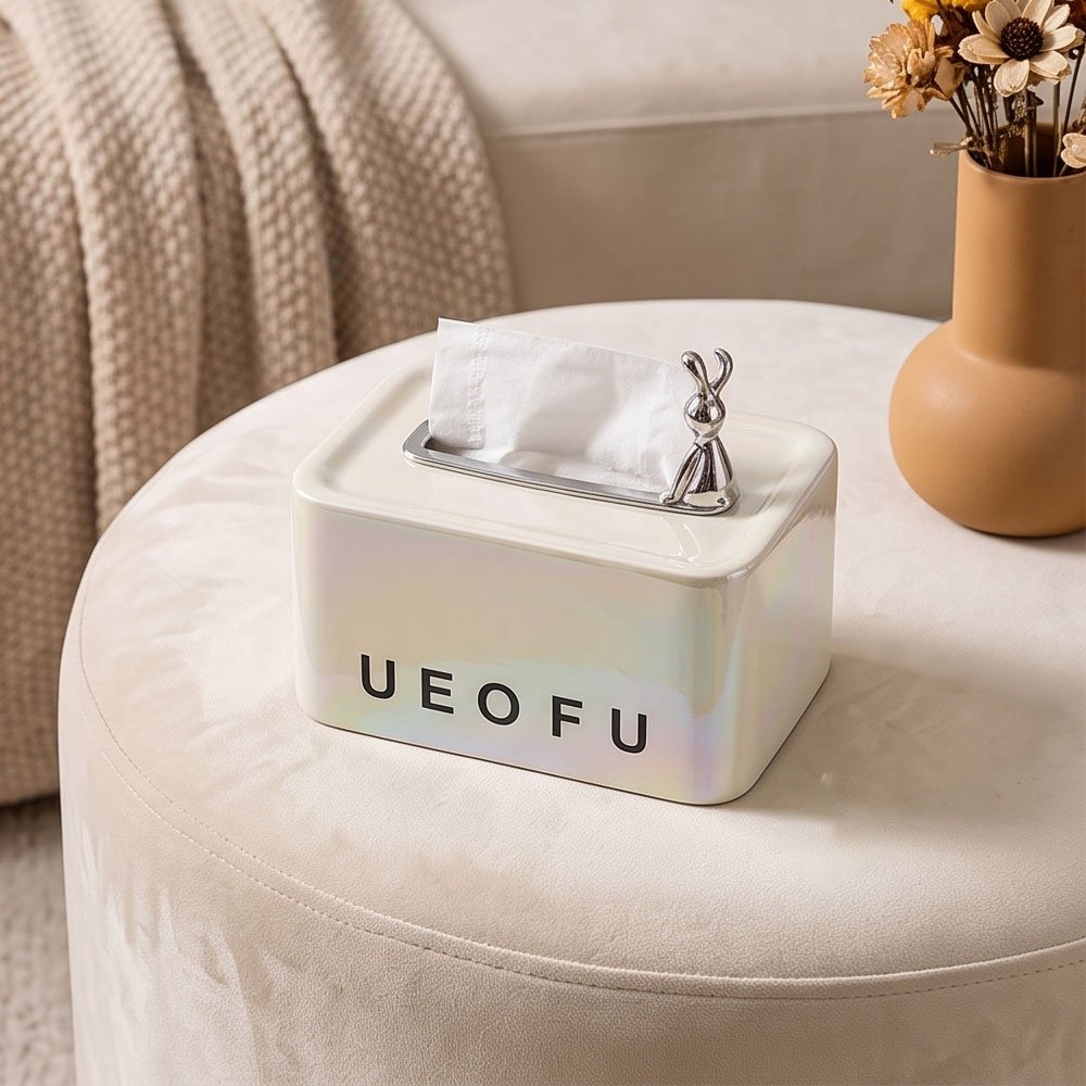 Modern Pearlized Ceramic Tissue Box Cover with Silver Rabbit Figurine Accent - Image 5