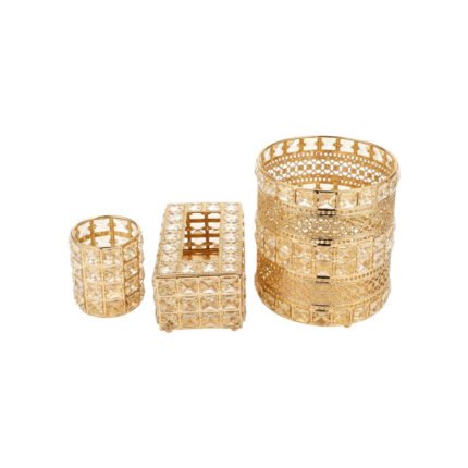 Elegant 3-Piece Gold Crystal Home Accessories Set - Tissue Box, Makeup Brush Holder, and Pen Organizer