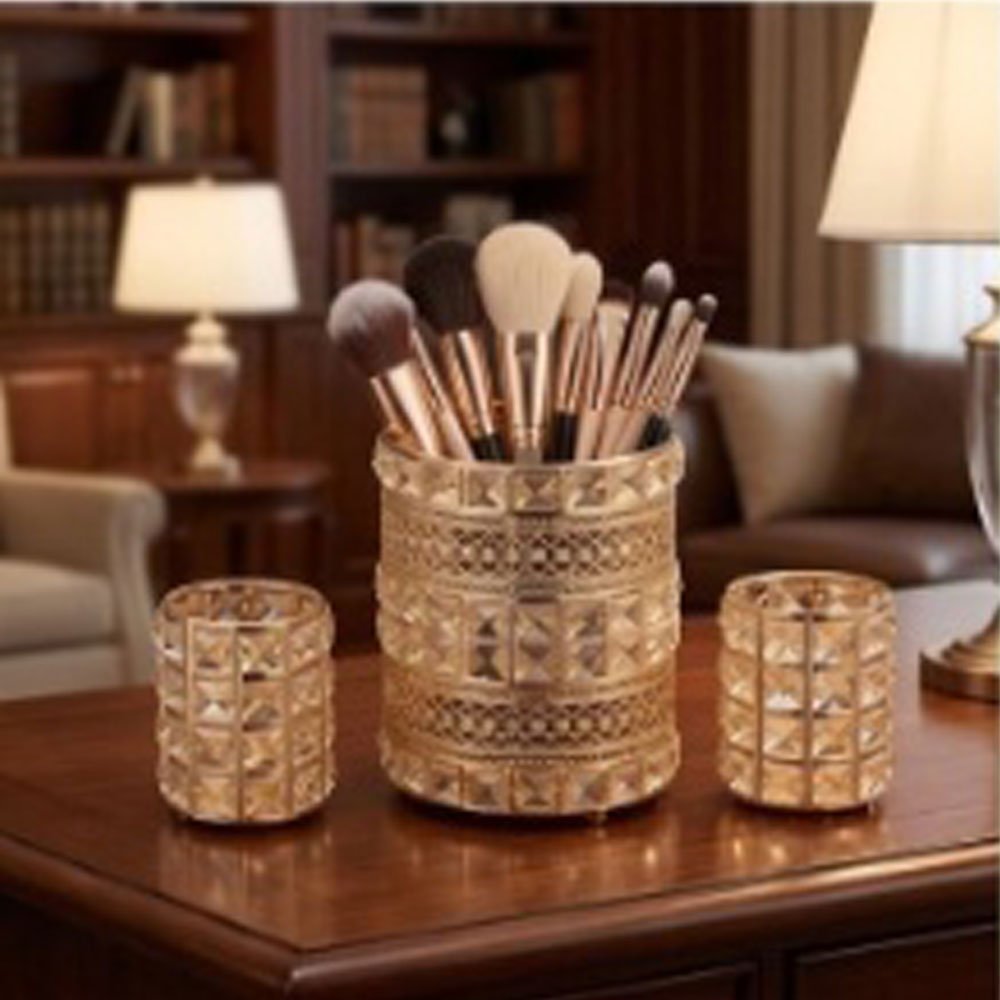 Elegant 3-Piece Gold Crystal Home Accessories Set - Tissue Box, Makeup Brush Holder, and Pen Organizer - Image 2