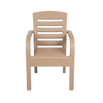 Comfortable Plastic Armchair with Wicker Rattan Texture and Slatted Backrest for Home and Patio