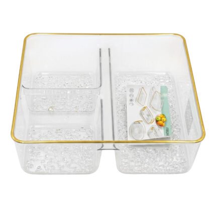 3 Compartment Clear Acrylic Snack Tray Organizer with Gold Rim for Table Accent