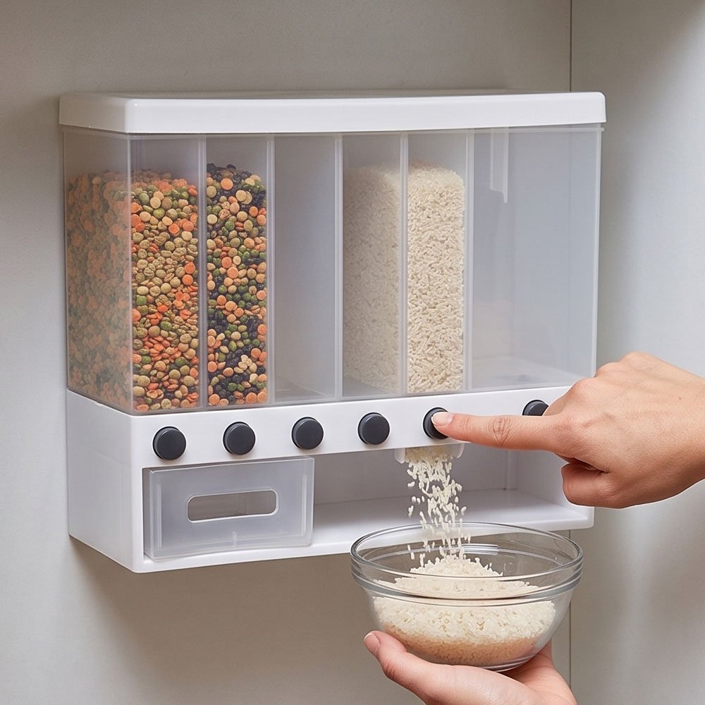 6 Grid Wall Mounted Spice and Grain Dispenser Storage Box with Press Button - Image 2