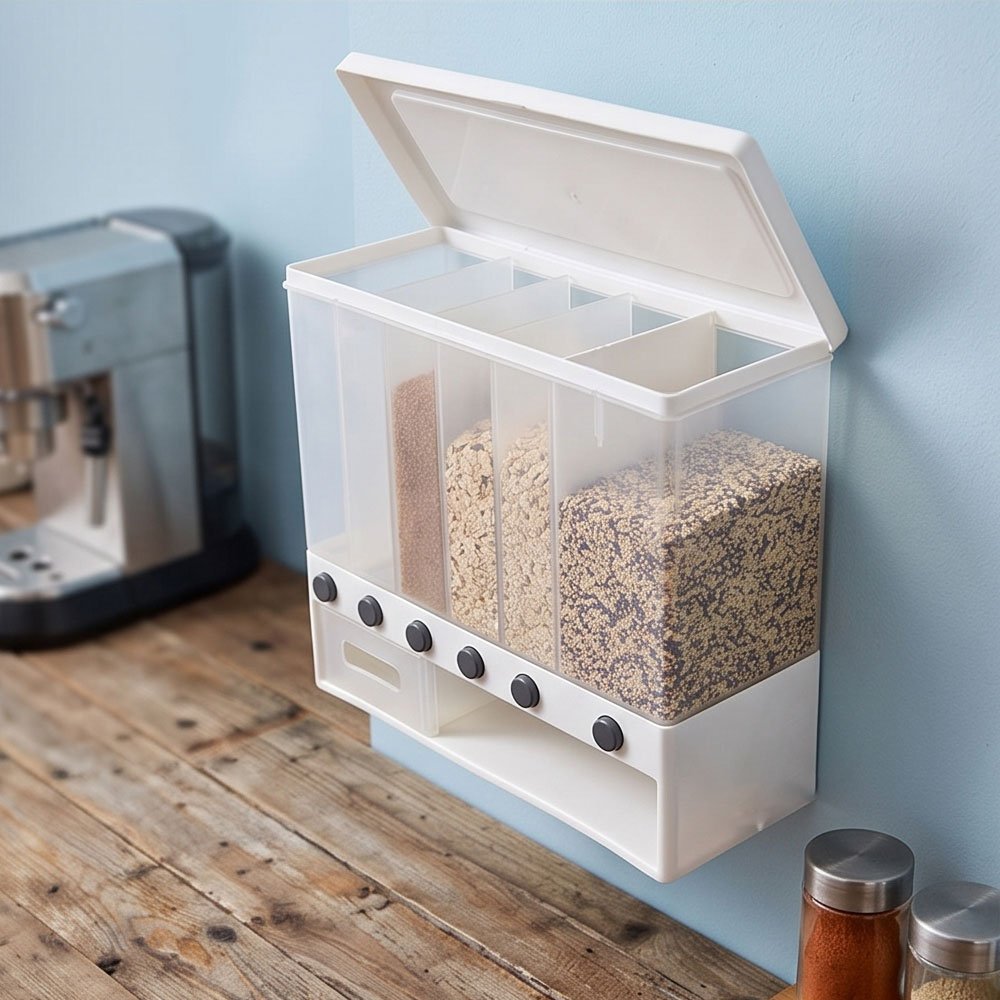 6 Grid Wall Mounted Spice and Grain Dispenser Storage Box with Press Button - Image 3
