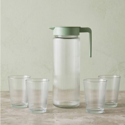 5-Piece Ribbed Glass Pitcher Set with Lid, Handle, and 4 Drinkware Glasses