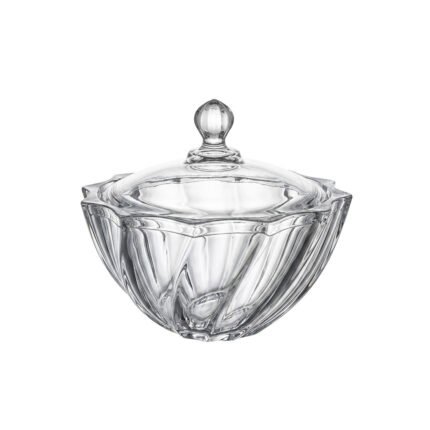 Clear Crystal Glass Candy Dish Swirl Fan Design Bowl with Lid for Sweets
