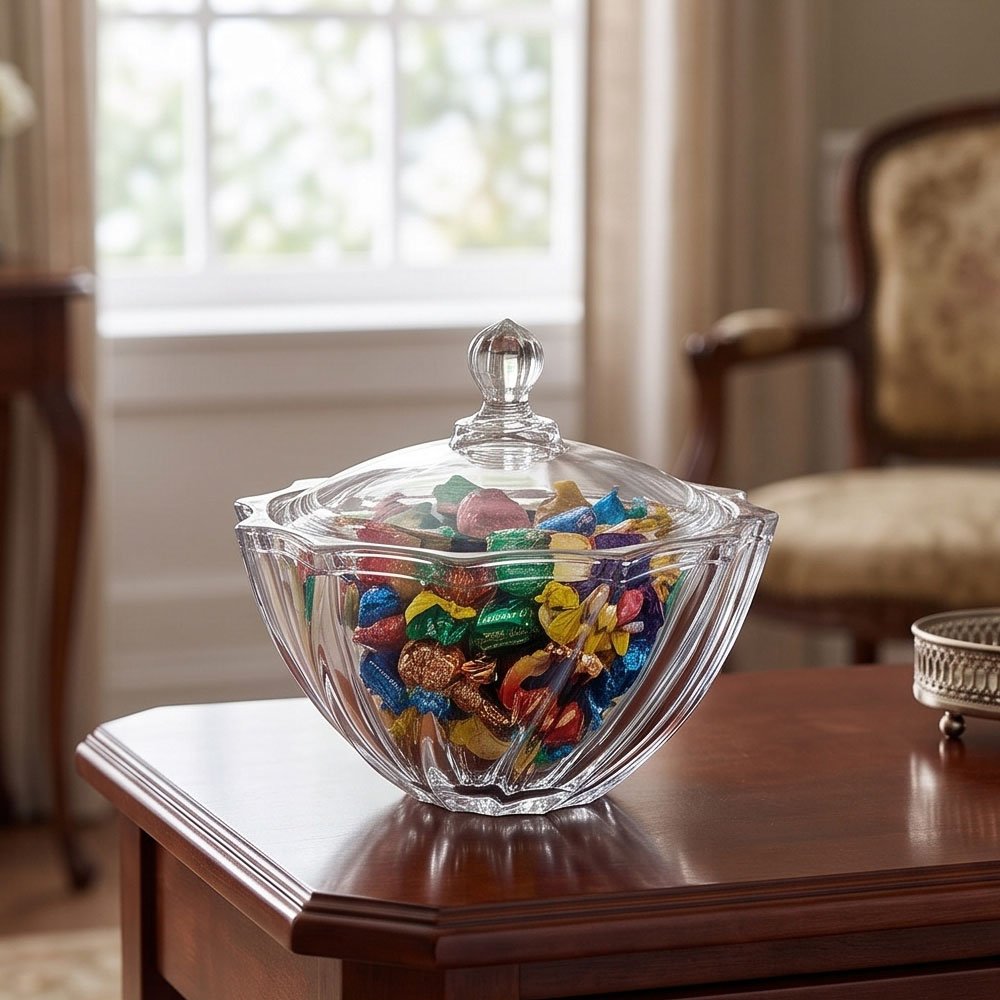 Clear Crystal Glass Candy Dish Swirl Fan Design Bowl with Lid for Sweets - Image 4