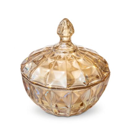 Luxury Amber Glass Crystal Candy Dish Geometric Diamond Cut Bowl with Lid