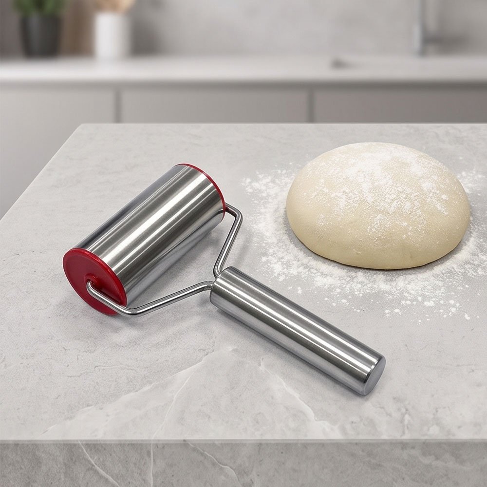 Stainless Steel Roller Rolling Pin Dough Pastry Roller Tool with Handle for Pizza Crusts