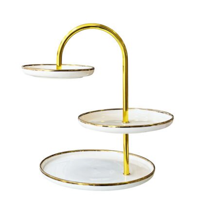 3 Tier Ceramic Serving Stand Tray with Gold Rim for Desserts Cupcakes