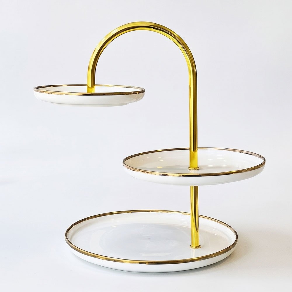 3 Tier Ceramic Serving Stand Tray with Gold Rim for Desserts Cupcakes - Image 5