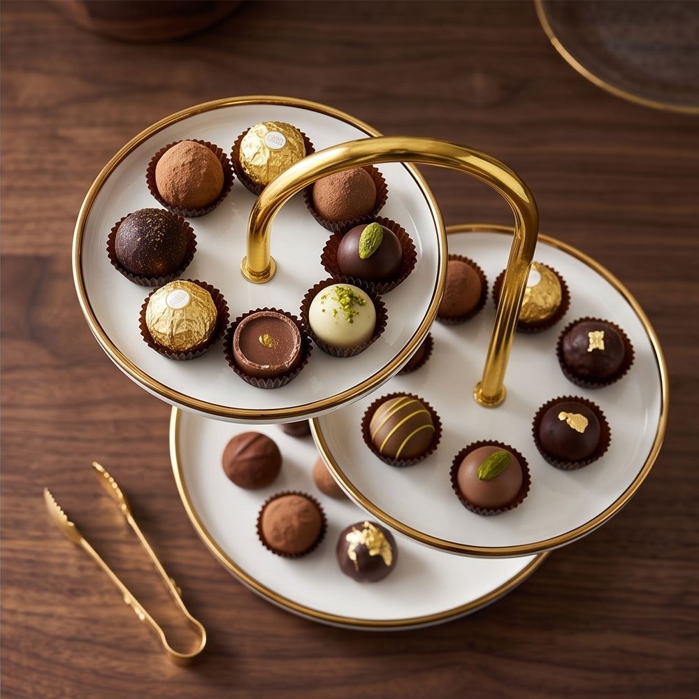 3 Tier Ceramic Serving Stand Tray with Gold Rim for Desserts Cupcakes - Image 4