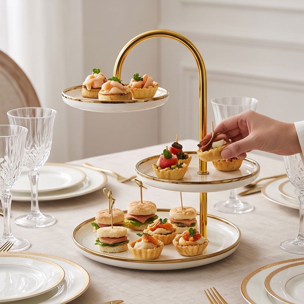 3 Tier Ceramic Serving Stand Tray with Gold Rim for Desserts Cupcakes - Image 3