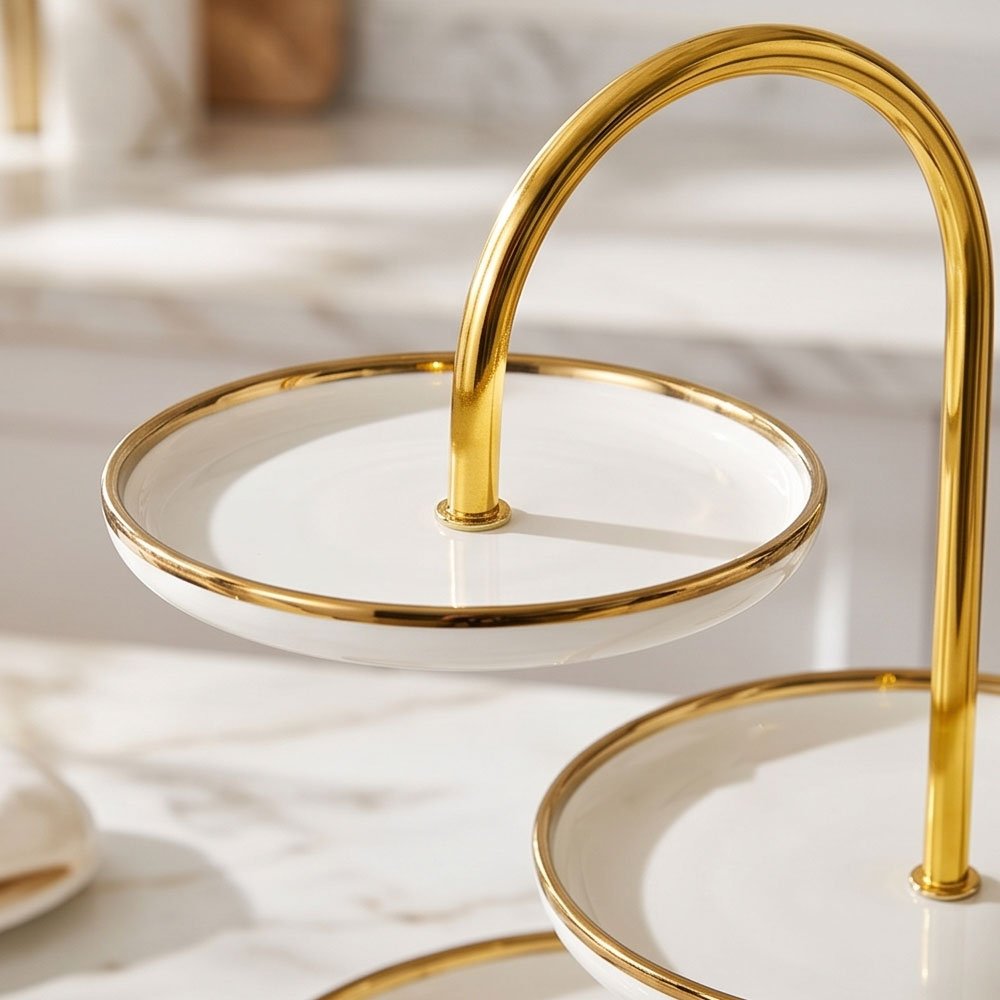 3 Tier Ceramic Serving Stand Tray with Gold Rim for Desserts Cupcakes - Image 2
