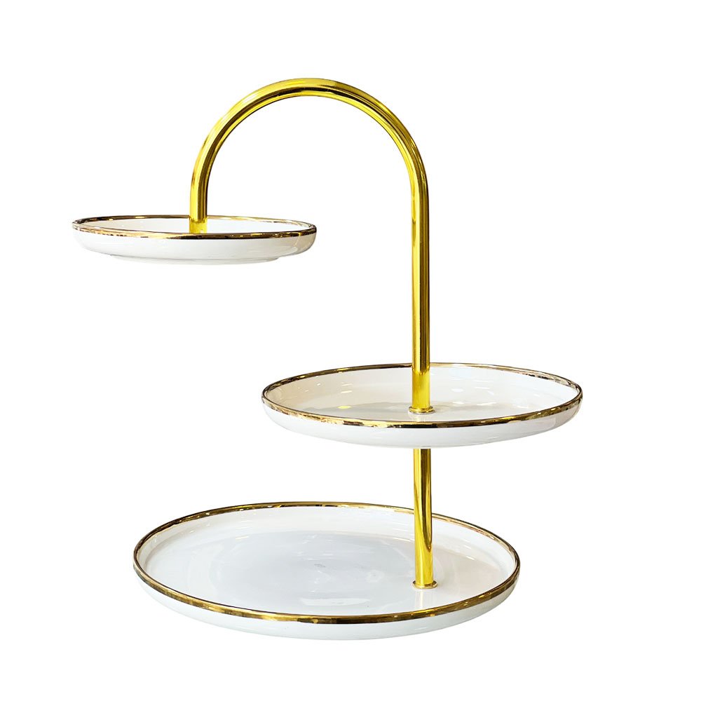 3 Tier Ceramic Serving Stand Tray with Gold Rim for Desserts Cupcakes